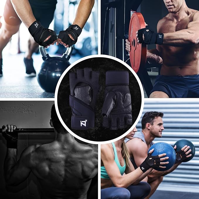 OOZi Fingerless Workout Gloves for Men Women with Wrist Wrap Support for Weight Lifting, Gym, Workout, Exercise, Fitness Training, Durable Genuine Leather Palm Grips