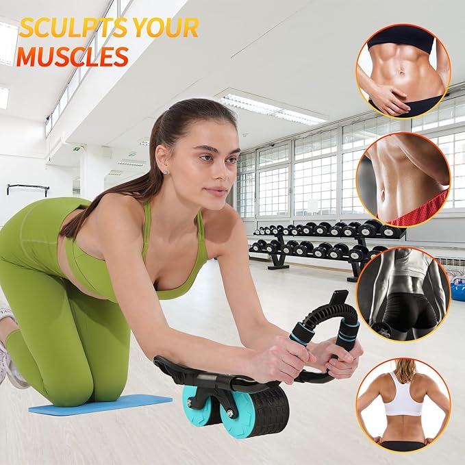 Ab Roller Wheel with Timer & Knee Mat, Home Workout Auto Rebound Abdominal Wheel with Elbow Support - Core Workout Equipment for Strengthening Abs, Home Gym Exercise for Women & Men
