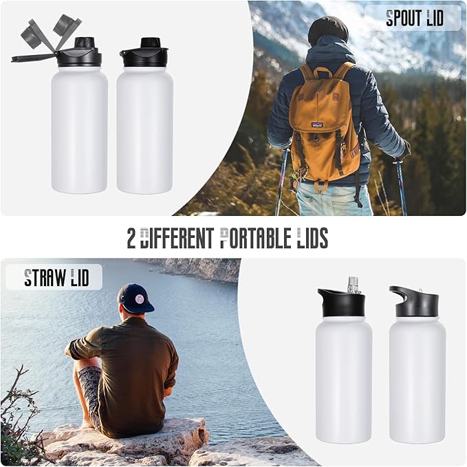32 oz Insulated Water Bottle with Straw Lid & Wide Mouth Lids, Stainless Steel Sports Water Bottles, Double Walled Vacuum, Leak Proof, White