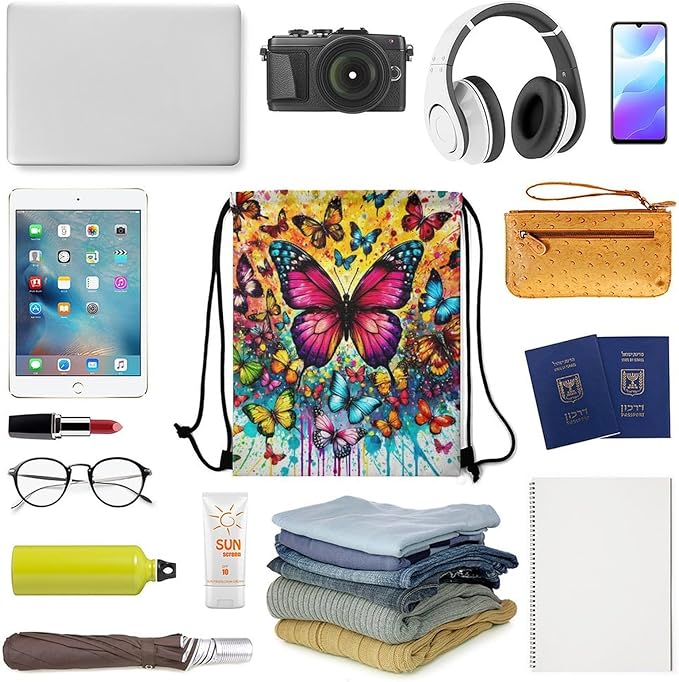 Butterfly Drawstring Backpack - Cute Cinch Sack, String Backpacks for Kids Boys Girls Women Men for Gym Outdoor Sports Travel Athletic Drawstring Bag - Lightweight/Foldable