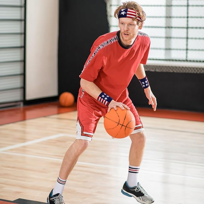 Skylety 5 Pcs Striped Sweatband Sock Set Wrist Sweatband Headband High Striped Headband for Men Women Sports 80s Party(White, Navy Blue and Red)