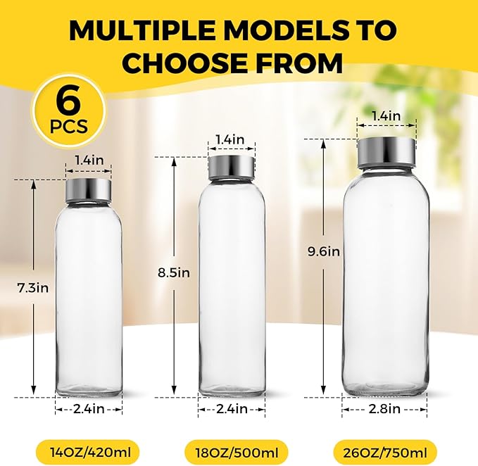 Set of 6 Clear Glass Water Bottles with Lid 14oz for Juicing Reusable Bottle Glass Cup with Stainless Steel for Juicing, for Halloween Refrigerator 100% Leak Proof Drinking Jar, BPA Free