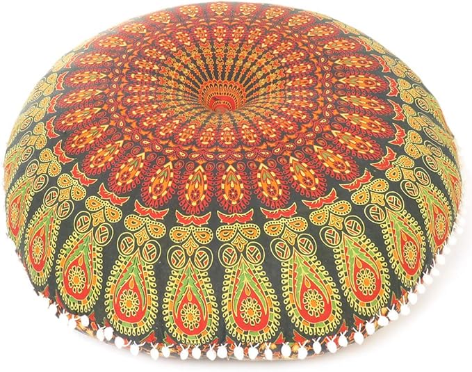 Eyes of India - Mandala Floor Pillow Cover Meditation Cushion Seating Throw Hippie Round Colorful Decorative Bohemian Indian Pouf Ottoman Handmade Cover ONLY (A1 Green, 32" x 32")