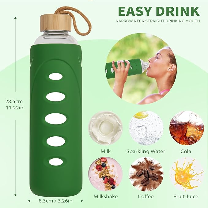 Sport 32oz Glass Water Bottle 1000ml /1 liter Borosilicate Glass Water Bottle Reusable Waterbottle Jugwith Silicone Sleeve and Unique Lid (Dark green
