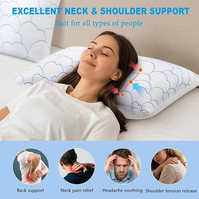 Cooling Pillows Queen Size Set of 2, Shredded Memory Foam Pillows for Sleeping 2 Pack, Soft Breathable Bamboo Cool Cold Bed Pillow Adjustable Firm Gel Pillow for Hot Side Back Stomach Sleepers ﻿