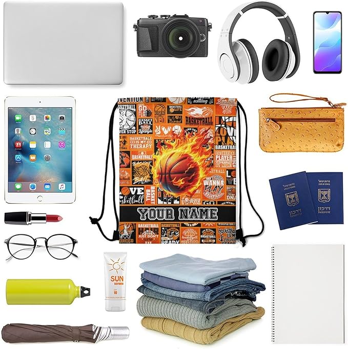 Custom Basketball Drawstring Backpack - Cool Cinch Sack, String Backpacks for Kids Women Men Boys Girls for Gym Outdoor Sports Travel Athletic Drawstring Bag - Lightweight/Foldable