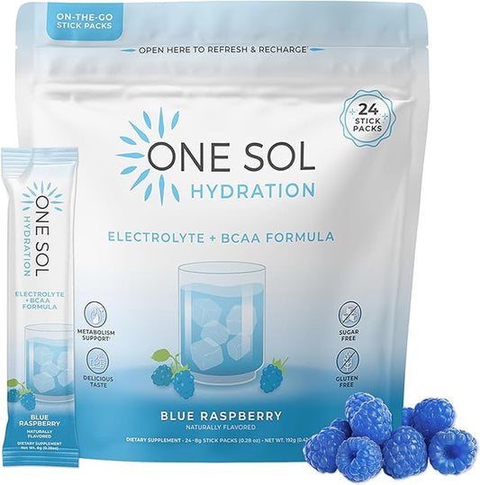 One Sol BCAA & Electrolyte Powder for Hydration & Energy, All-Natural Formula, 100% Vegan, Non-GMO, Gluten Free & Soy-Free, Promotes Muscle Growth & Recovery, Natural Blue Raspberry Flavor