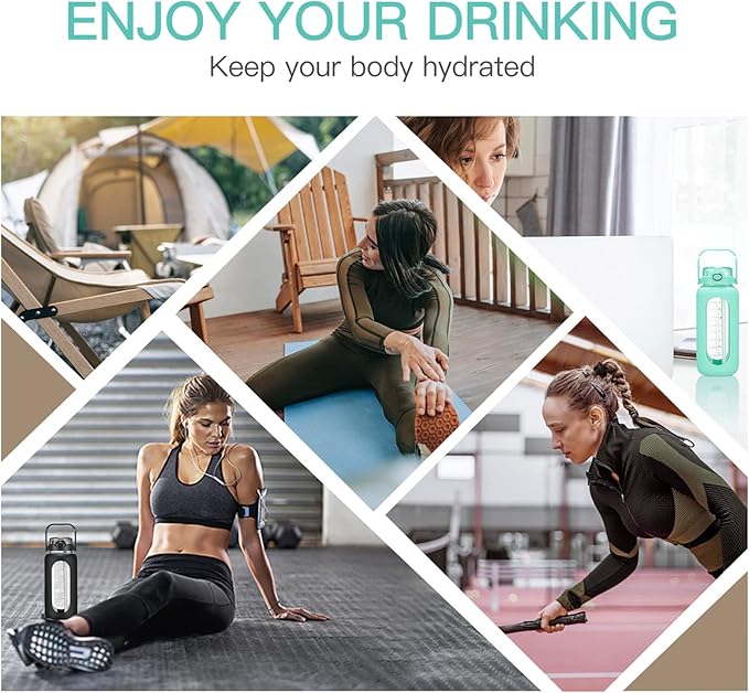 64oz Glass Water Bolttles with Straw Half Gallon Large Motivational Water Bottle with Time Marker Sports Water Bottles with Silicone Sleeve and Handle Lid Water Jug for Gym Workout