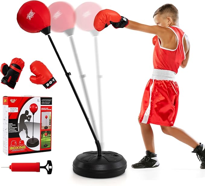 Goplus Punching Bag for Kids, Height Adjustable Kids Workout Equipment with Boxing Stand, Boxing Gloves, Inflator for Teens Adults Boys & Girls Aged 8+, Reflex Bag for Christmas Birthday
