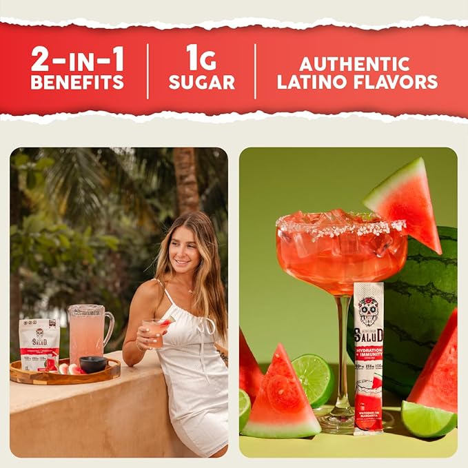 Salud 2-in-1 Hydration and Immunity Electrolytes Powder, Watermelon Margarita - 15 Servings, Agua Fresca Drink Mix, Elderberry, Dairy & Soy Free, Non-GMO, Gluten Free, Vegan, Low Calorie, 1G Sugar