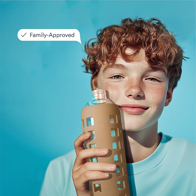 purifyou 40oz / 32oz / 22oz / 12oz Borosilicate Glass Water Bottle with Time & Volume Markers, Silicone Sleeve, Stainless Steel Lid | Reusable Glass Bottle for Water & Juice (40oz Iced Coffee)