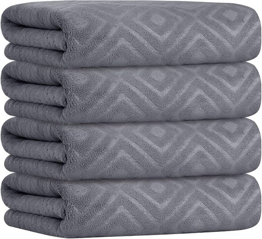 JML Towels, Pack of 4 Extra Large Bath Towel (30" x 60") - Absorbent Microfiber Bathroom Towels for Body, Adult, Hair, Yoga, Swimming, Grey Diamond Embossed