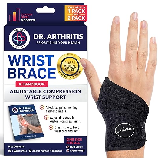 Doctor Developed Wrist Brace, Wrist Wraps for Carpal Tunnel Arthritis, Tendonitis, Hand Support, Ideal for Fitness, Weightlifting - Handbook Included (Wrist Brace 1 Pack)