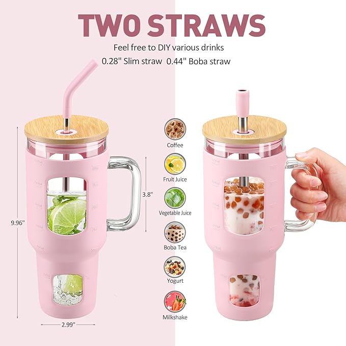 Glass Tumbler with Straw and Lid, 40 oz glass cup with handle, Glass Water Bottles with Time Marker, Silicone Protective Sleeve-Pink