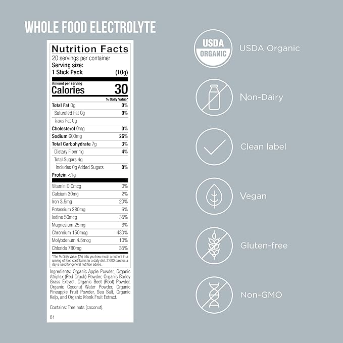 Whole Food Electrolyte - Powder Drink Mix for Pre-Workout, Post-Workout & Everyday Hydration - Vegan, Plant-Based Wellness - Gluten-Free, USDA Organic - Clean Label - 20 Stick Packs