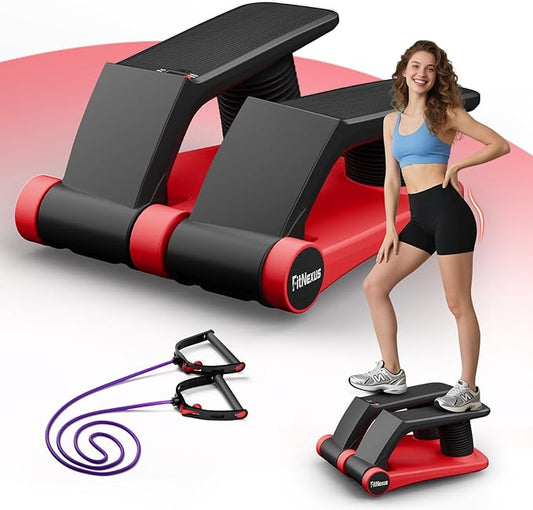 Air Compression Resistance Stepper – Adjustable Mini Stair Climber for Home Cardio Workout, Portable Stepper Machine with LCD Display, Non-Slip Pedals & Resistance Bands (Red and Black)