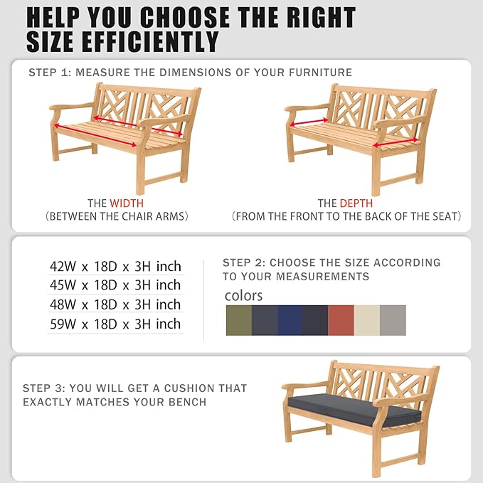 Favoyard Outdoor Bench Cushion 45 x 18 Inch Waterproof Patio Furniture Cushions 3-Year Color Fastness Garden Sofa Settee Couch Swing Pads with Handle and Adjustable Straps, Dark Gray