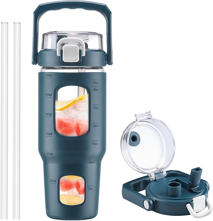 BLUEGO 32oz Glass Water Bottle with Handle and Straw|Leakproof Sports Glass Bottle with Time Marker and Silicone Sleeve|Glass Drinking Bottle for Travel, Gym, Workout, Dark Blue