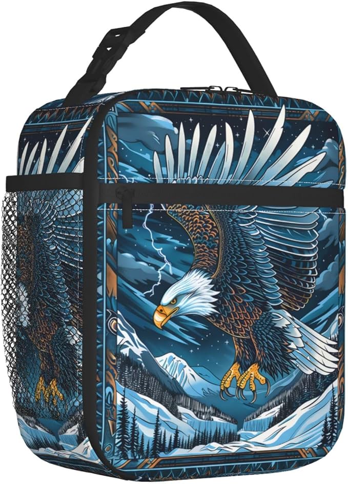 Eagle Polyester Lunch Box for Kids Teen,Big Bird Reusable Thermal Lunch Bag for Adult Women,Cool Insulated Tote Cooler Bags for School,Work,Picnic,Travel,Winter Mountain Design