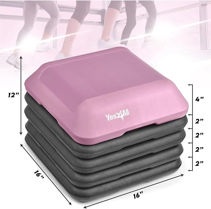 Yes4All 16"x16" Adjustable High Step Aerobic Platform with 4 Risers, Height-Adjustable 4"-6''-8''-10''-12" Step Aerobics Platform for Home Gym Exercise Fitness Workout
