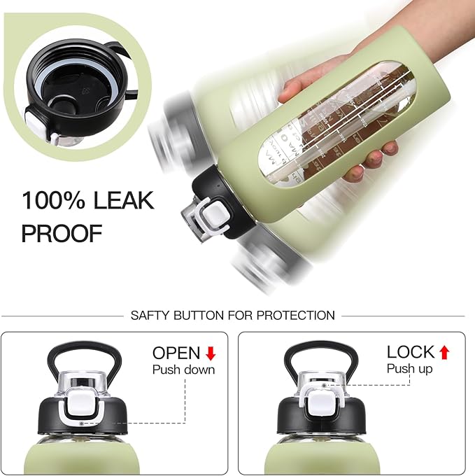 32 oz Glass Water Bolttles with Straw Large Motivational Water Bottle with Time Marker Sports Water Bottles with Silicone Sleeve and Handle Lid Water Jug for Gym Workout