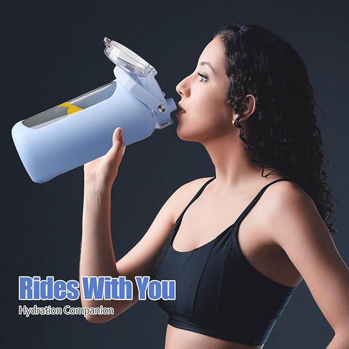 BLUEGO 64oz Glass Water Bottle with Handle and Straw, Motivational Sports Water Bottle with Time Marker and Silicone Sleeve Leakproof Drinking Bottle for Travel Gym Workout, Light Blue