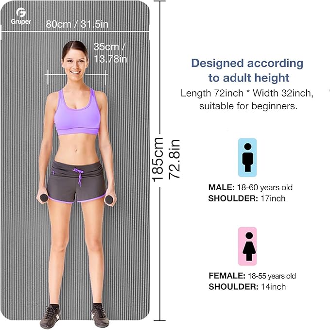 Yoga Mat Non Slip NBR Thick Yoga Mat, 72"L x 32"/24"W x 0.6"/0.4"TH (185cm x 80cm/61cm x 15mm/10mm), Anti-Tear Exercise Mat with Carrying Strap and Bag, Workout Mats for Yoga, Pilates, Floor Exercises