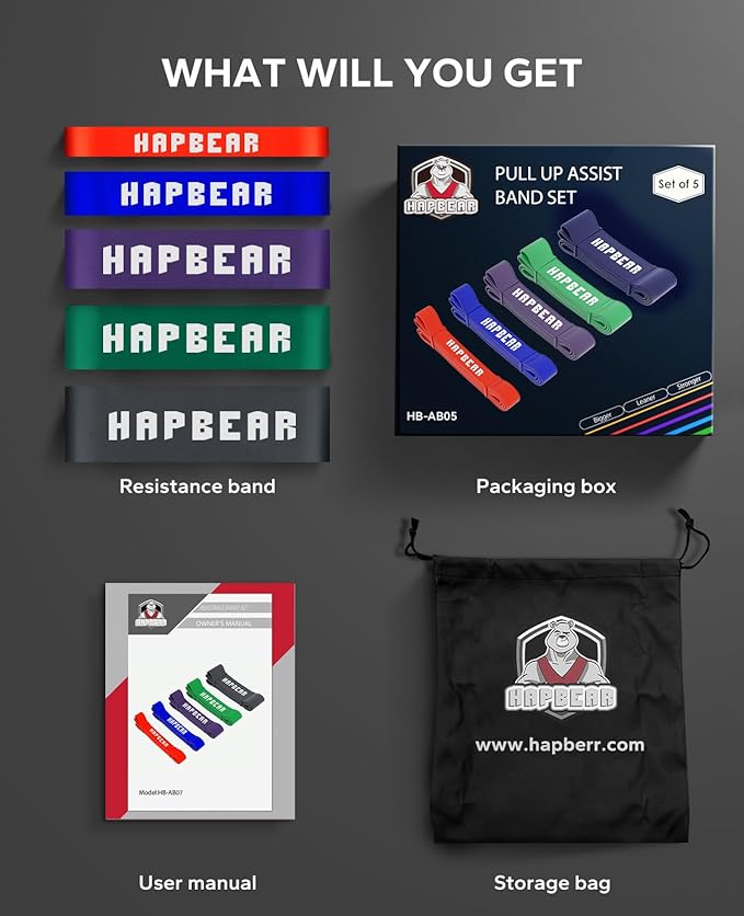 HAPBEAR Pull Up Assistance Bands Set of 5 - Resistance Bands for Working Out, Stretching, Physical Therapy, Muscle Training