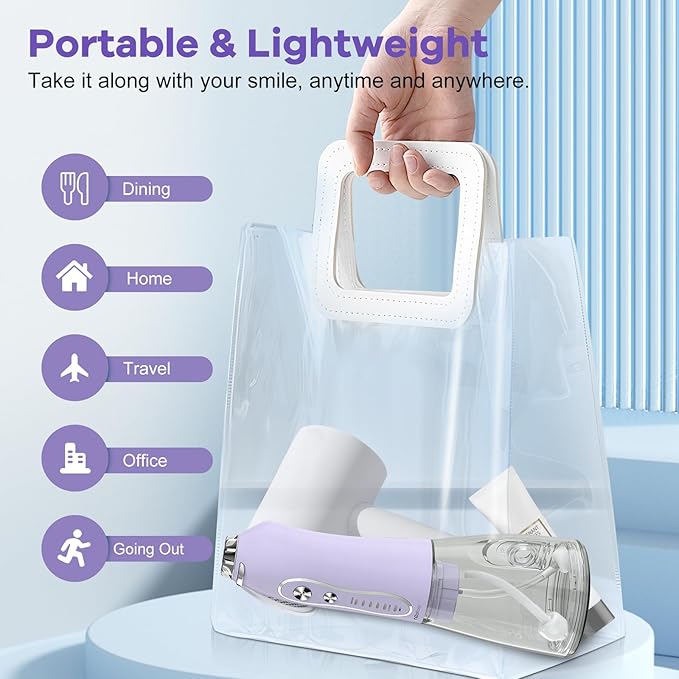 Water Dental Flosser Teeth Pick, H2ofloss Cordless Portable Oral Irrigator 300ML Rechargeable Travel Irrigation Cleaner IPX7 Waterproof WaterFlosser for Home Travel Lavender