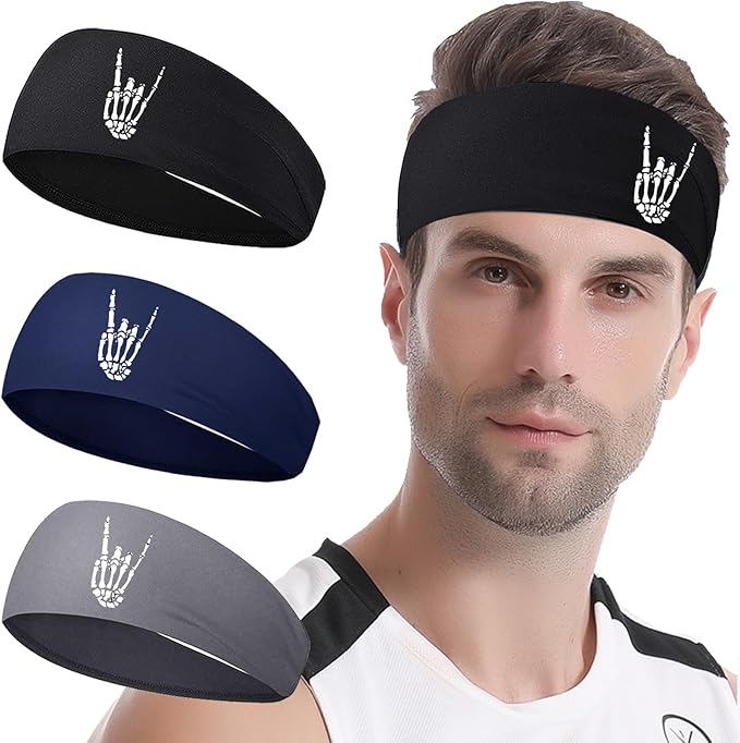Headbands for Men 3 Pack Sport Sweat Bands Headbands Men Skull Finger Workout Sweatbands for Mens Women Head Bands Cooling Running Men's Hairband Headband