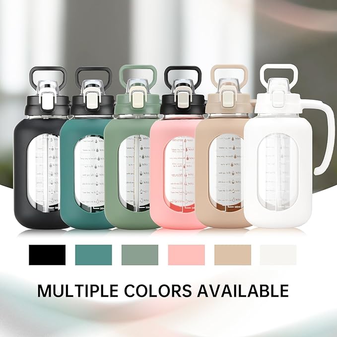 64 oz Glass Water Bottle with Straw and Handle Half Gallon Water Jug with Silicone Sleeve Large Water Bottle for Office, Gym, Outdoor Sports