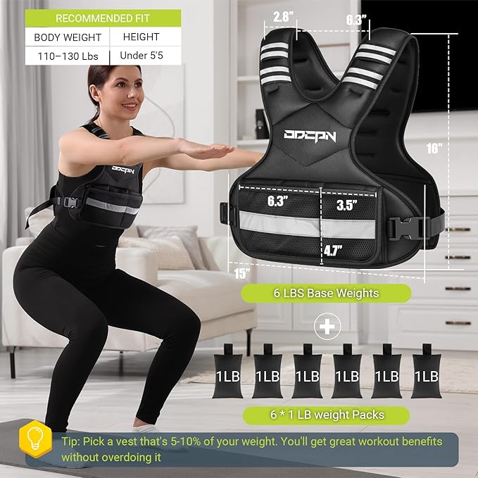 Weighted Vest Adjustable Weights for Women, 6-12 Lbs Weight Vest for Walking with Plus Size Pocket, Ruck Vest with 6 Ironsand Weights & Reflective Strip for Running, Workouts & Strength Training