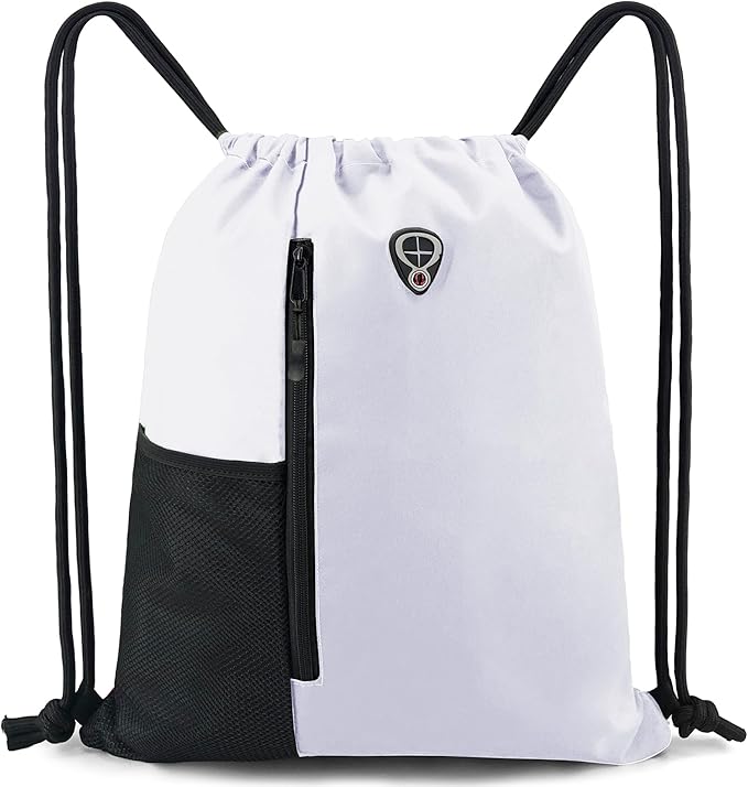 BeeGreen White Drawstring Backpack Gym Bag For Men & Women – Sports Sackpack with Mesh Water Bottle Holder & 2 Zippered Pockets – Large 16x20 Inch Cinch String Backpack Workout Bag for Running, Travel