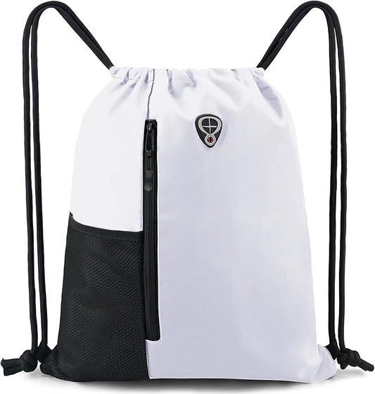 BeeGreen White Drawstring Backpack Gym Bag For Men & Women – Sports Sackpack with Mesh Water Bottle Holder & 2 Zippered Pockets – Large 16x20 Inch Cinch String Backpack Workout Bag for Running, Travel