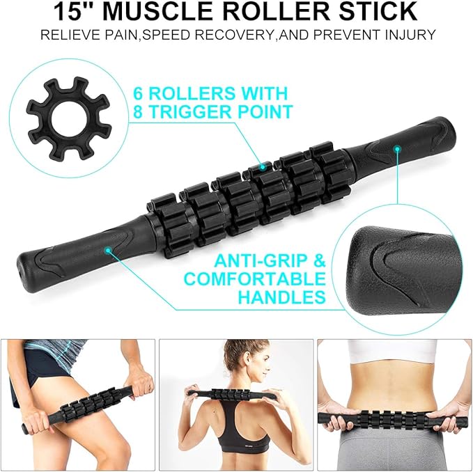 Foam Roller Set - High Density Back Roller, Muscle Roller Stick,2 Foot Fasciitis Ball, Stretching Strap, Massager Ball for Whole Body Physical Therapy & Exercise, Yoga, Back Pain, Leg, Deep Tissue