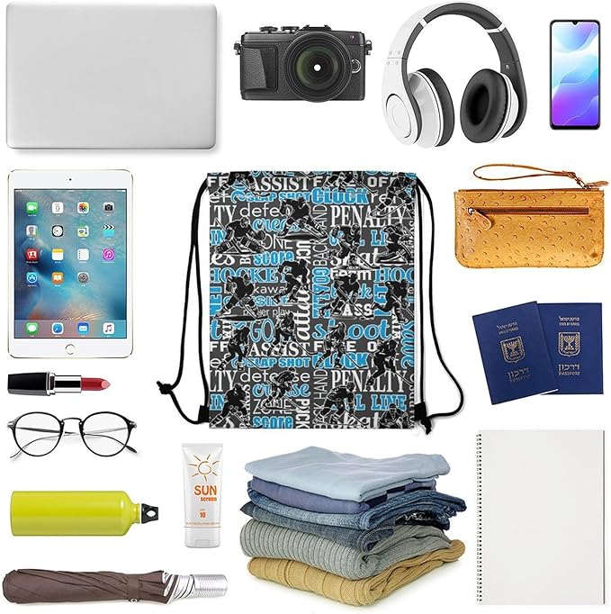 Hockey Drawstring Backpack - Cool Cinch Sack, String Backpacks for Kids Women Men Boys Girls for Gym Outdoor Sports Travel Athletic Drawstring Bag - Lightweight/Foldable