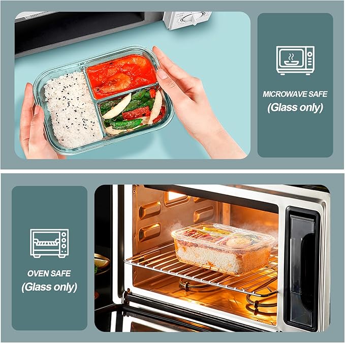 KOMUEE Glass Meal Prep Containers 3 Compartments, 5 Pack 36 oz, Glass Food Storage Containers with Lids, Airtight Lunch Bento Box, Portion Control, Freezer and Microwave Safe, Green