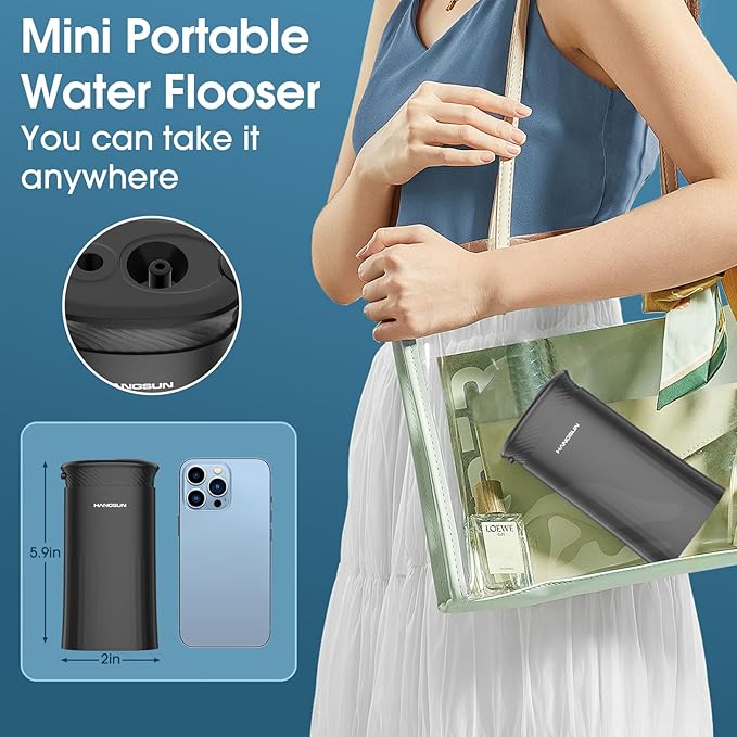 HANGSUN Portable Travel Water Flosser - Compact Cordless,30 Days Battery, Deep Plaque Removal, 4 Modes with DIY, 6 Nozzles for Sensitive Gums&Braces, IPX7, Telescopic 180ml Tank, Rechargeable, Black