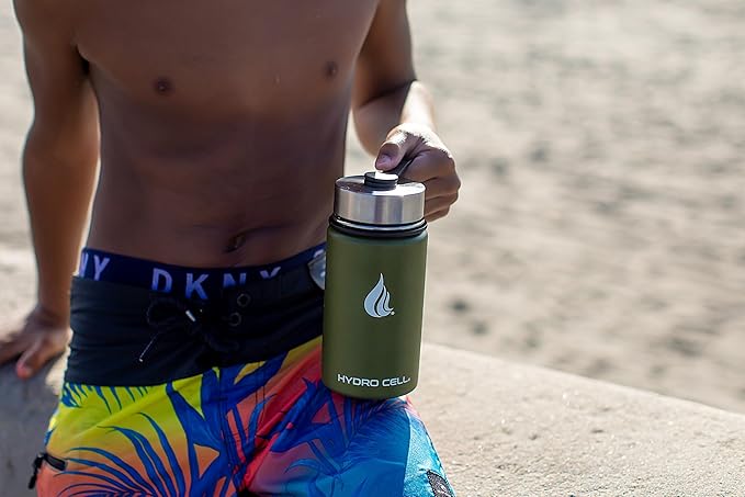 HYDRO CELL Stainless Steel Insulated Water Bottle with Straw - For Cold & Hot Drinks - Metal Vacuum Flask with Screw Cap and Modern Leakproof Sport Thermos for Adults (Army 14oz)