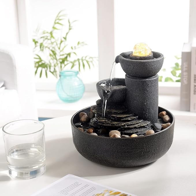 GOSSI Tabletop Fountain Indoor Fountain 2-Tiered Water Meditation Decorative Waterfall w/LED/Cobblestone/Glass Rolling Ball Soothing Sounds for Office and Home