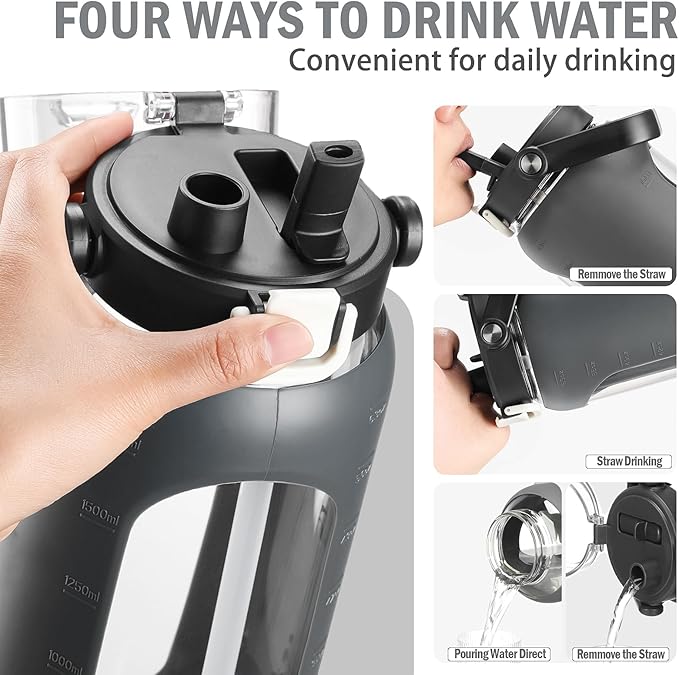 BLUEGO 64oz Glass Water Bottles with Straw Time Marker Half Gallon Large Motivational Water Bottle with Silicone Sleeve 2 Liter Large Glass Water Jug for Gym, Sports& Workout, Daily, Dark Grey