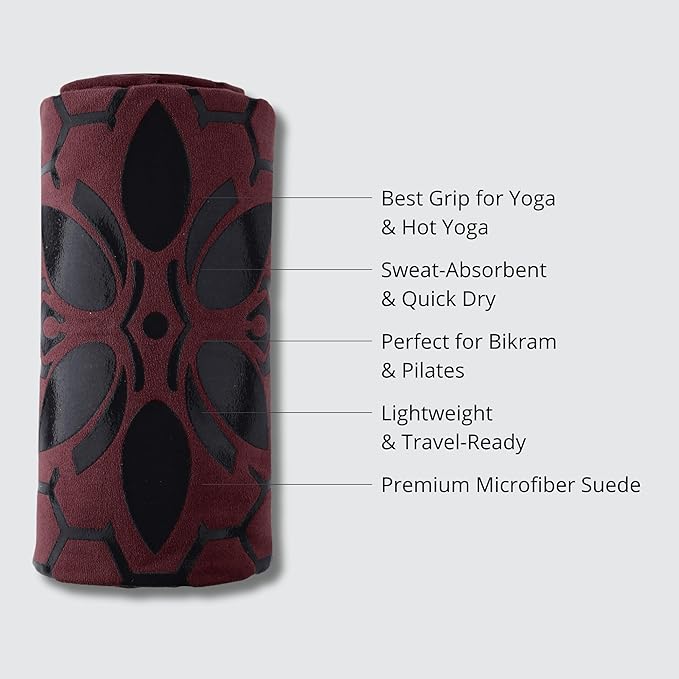 Clever Yoga Hot Yoga Mat Towel – Non-Slip Grip for Hot Yoga, Sweat Absorbent, Honeycomb Silicone Grip, Stays Flat – Ideal for Pilates, Travel, Washable & Lightweight - Burgundy