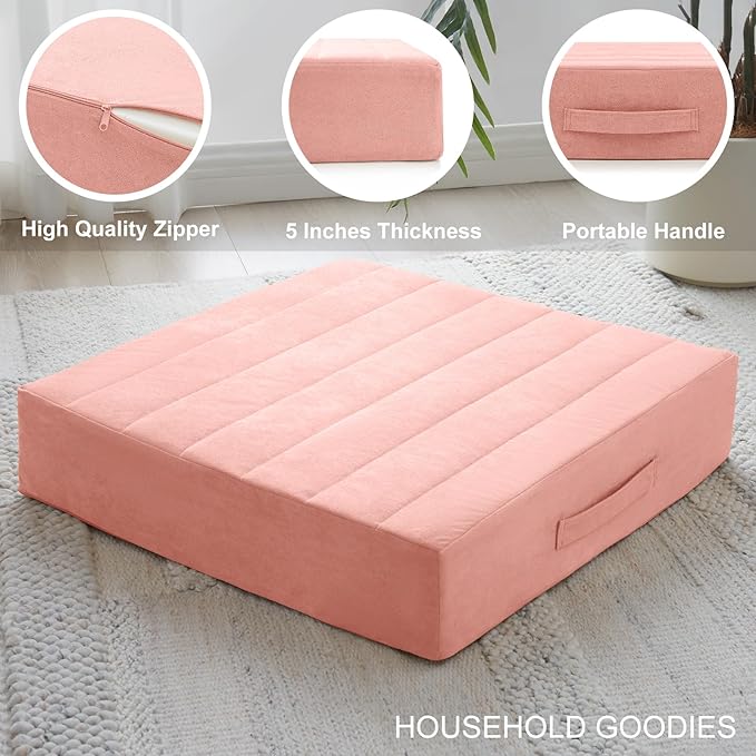 2 Pcs High Density Foam Floor Pillow - Upgraded Large Pillows Seating for Adults - Outdoor Floor Cushion with Soft Tufted Cover - Yoga Pillows for Sitting On Floor - 22 Inch Pink