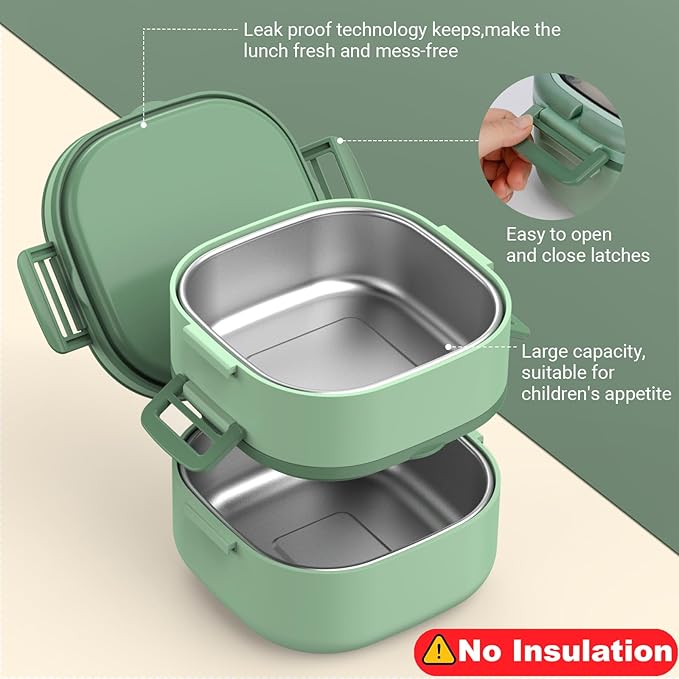 Double-Layer Bento Lunch Box for Kids & Adults with Removable Stainless Steel Dividers,Dressing Container,BPA-Free,Dishwasher Safe - Includes Utensil,(Green,Non-Insulated)