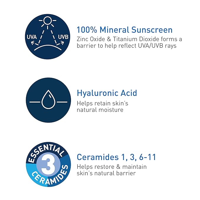 CeraVe 100% Mineral Sunscreen SPF 50 with Zinc Oxide & Titanium Dioxide, Hyaluronic Acid & Ceramides, Oil Free & Non-Greasy, Hydrating Mineral Sunscreen For Body, 5 oz