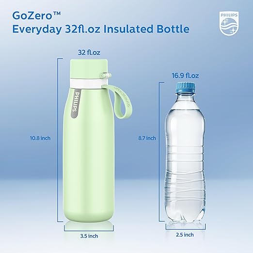 PHILIPS Water Bottle with Filter, Filter Water Bottle Stainless Steel with GoZero Everyday BPA-Free Tap Water Filter, Water Filter Bottle Keep Drink Cold 24 Hours, 1 Filter for 40 gal / 2 Months