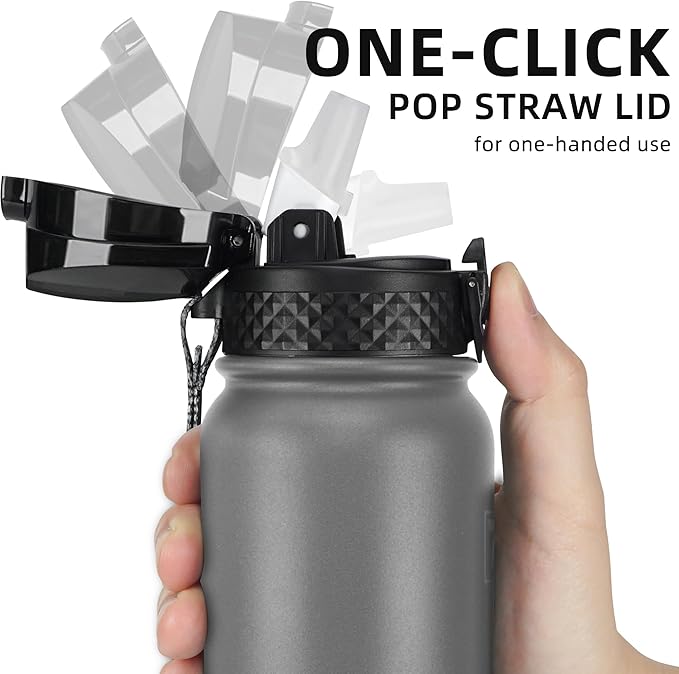 Fanhaw 20 Oz Stainless Steel Insulated Sports Water Bottles with Straw for Kids, Men and Women (Gray)