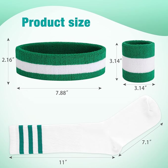ONUPGO 5 Pieces Sweatbands Striped Socks Set Sports Headband Wristbands High Tube Socks 80s Accessories Costumes