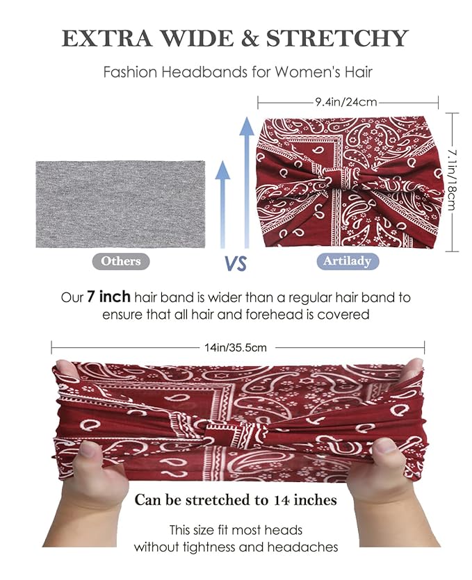 Artilady Wide Bandana Headbands for Women-Boho Bandeau Head Band Bohemian Paisley Red Headwrap Soft Athletic Elastic Sweat Non Slip Hair Bands for Curly Hair Accessories 6 PCS
