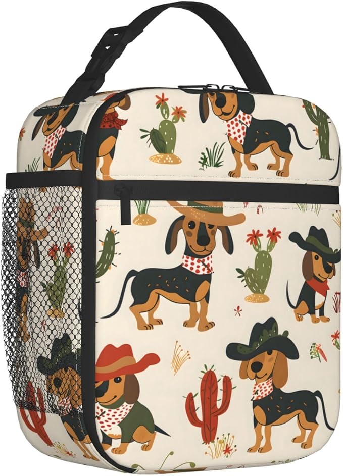 Cute Dog Lunch Box for Kids,Puppy Insulated Bag for Student,Pet Lovers Reusable Thermal Insulation Cooler Tote Bags for School Work Picnic Camping Outdoor Gifts (Cowboy Dachshund Western)